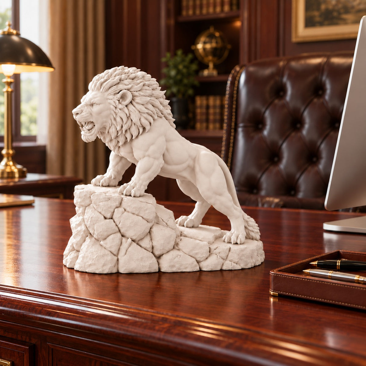 Unstoppable roaring lion desk statue in Warm Beige, small 18.5 cm, on an executive desk