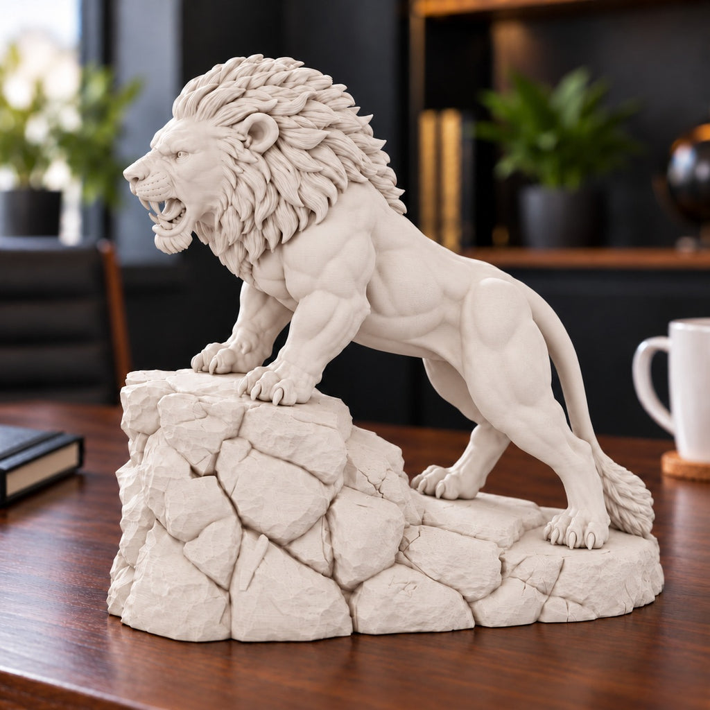 Unstoppable roaring lion desk statue in Warm Beige, small 18.5 cm, on a work desk