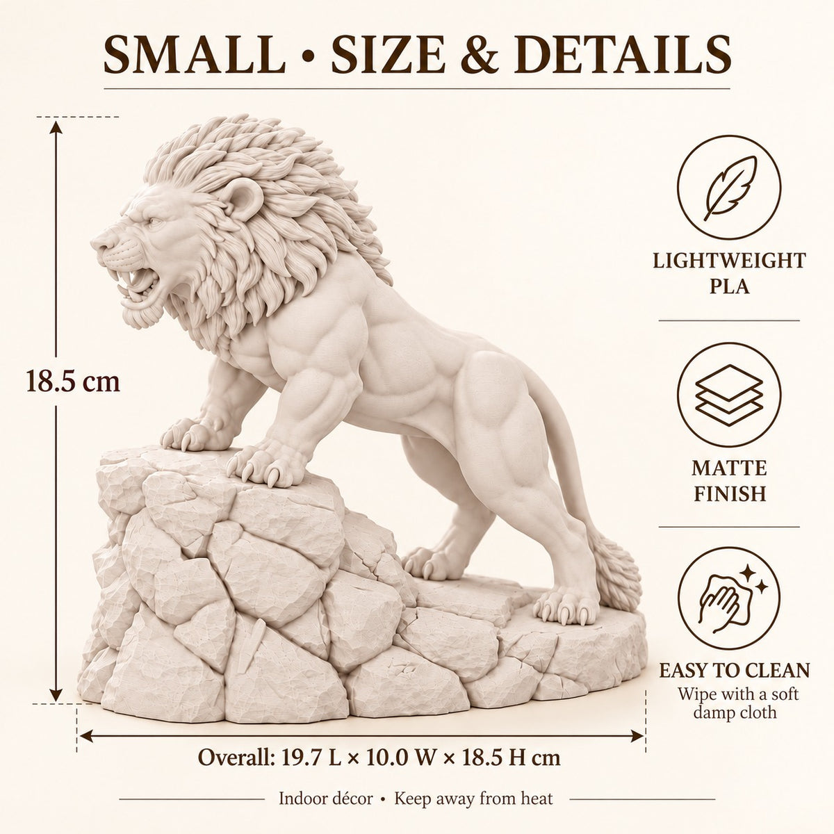 Unstoppable roaring lion desk statue in Warm Beige, small 18.5 cm, size and features, 18.5 cm tall