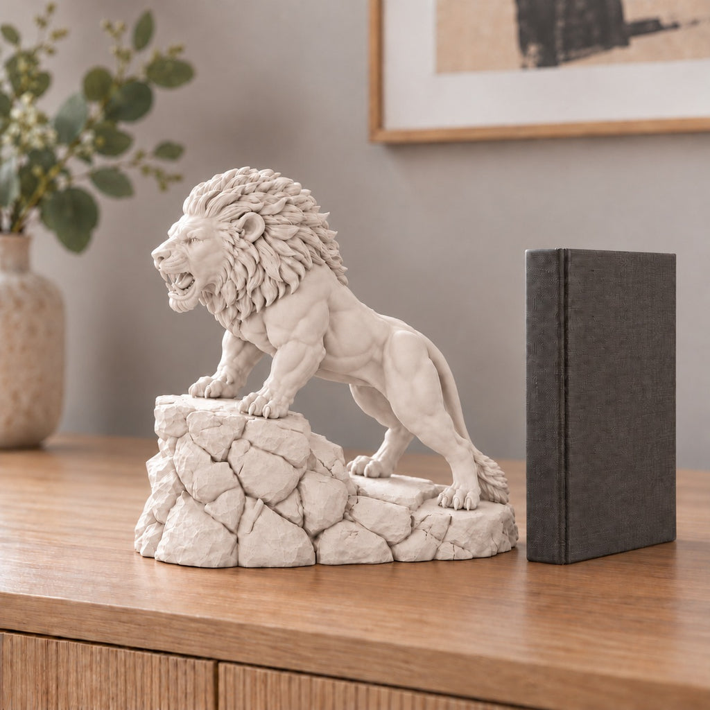 Unstoppable roaring lion desk statue in Warm Beige, small 18.5 cm, in a home study