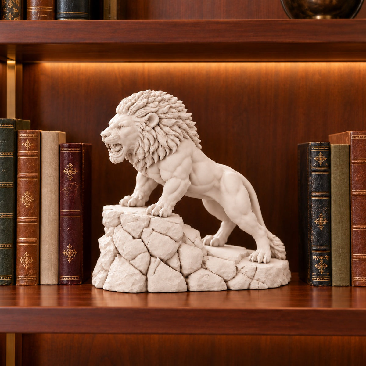 Unstoppable roaring lion desk statue in Warm Beige, small 18.5 cm, on a library bookshelf