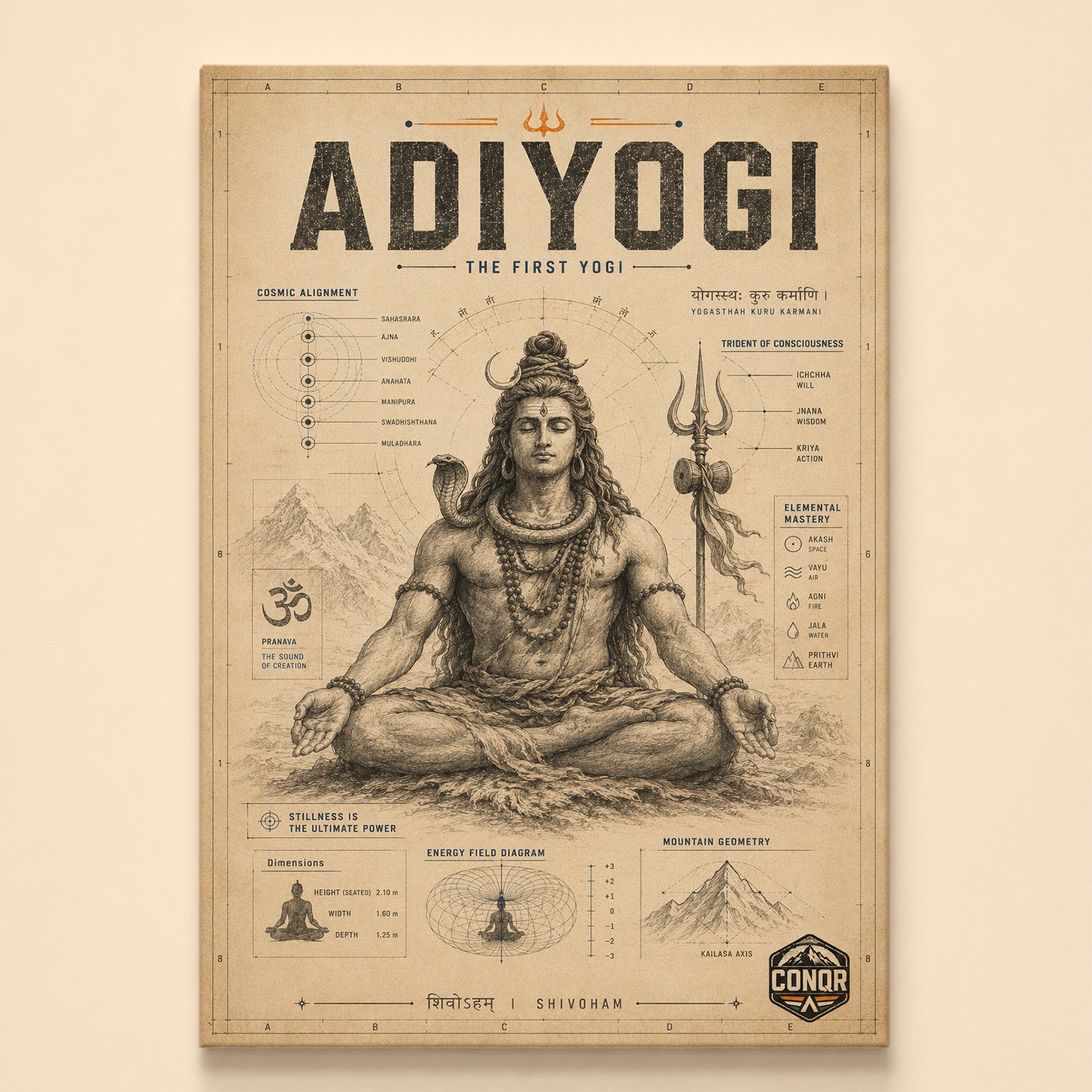 Vintage parchment study of Adiyogi in meditation with chakra alignment and trident of consciousness