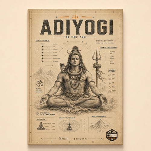 Vintage parchment study of Adiyogi in meditation with chakra alignment and trident of consciousness