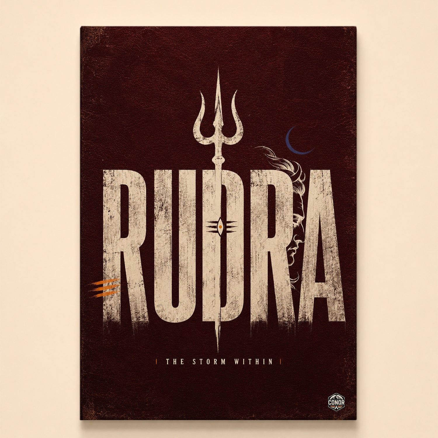 Distressed Rudra typography with trishul, crescent moon and claw marks on dark maroon – The Storm Within