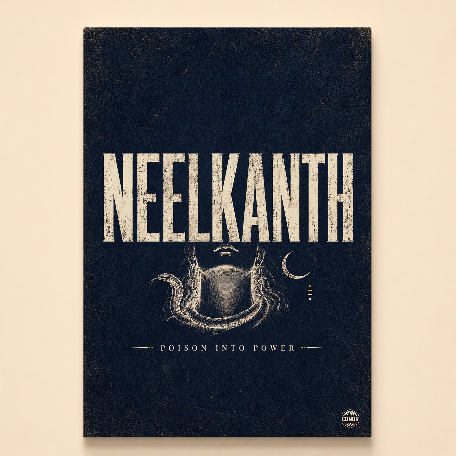 Engraving-style Neelkanth with serpent, crescent moon and flowing hair on navy – Poison Into Power