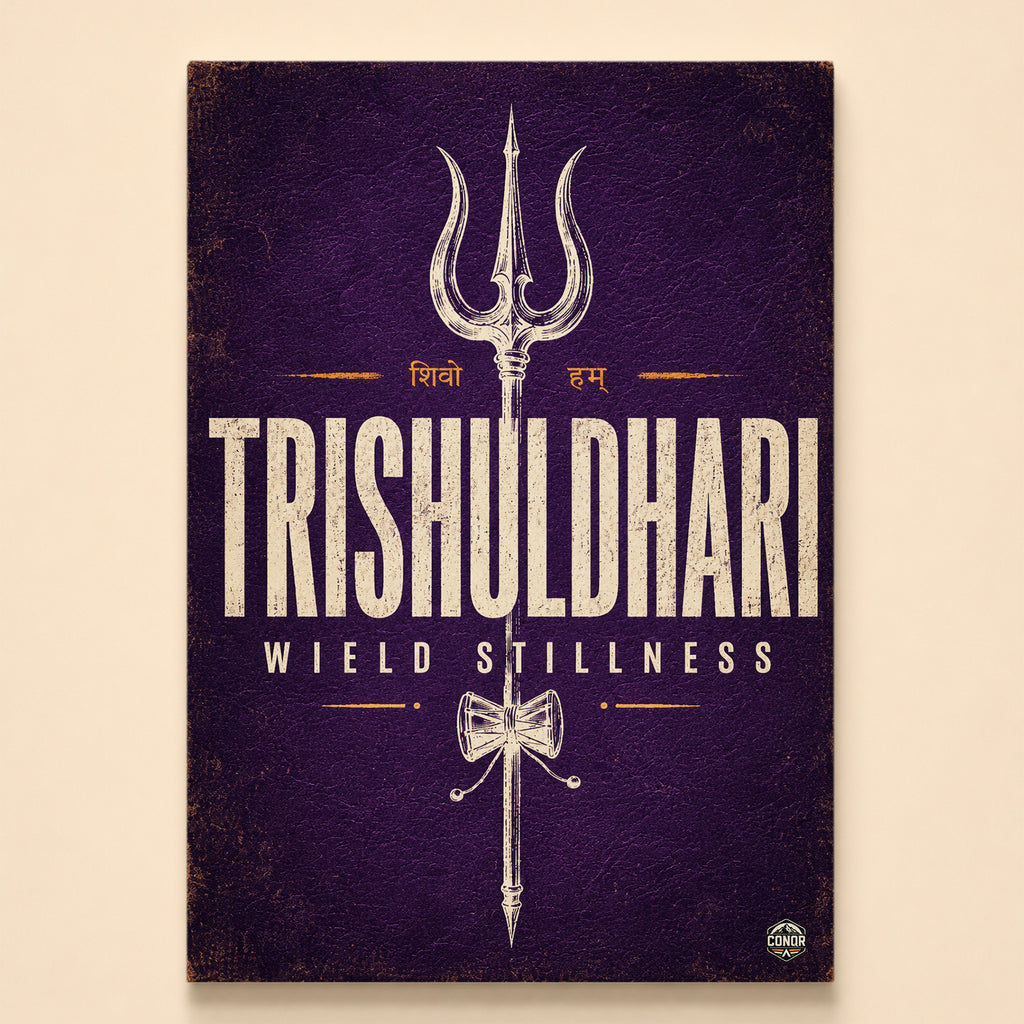 Trishul with damaru on distressed purple leather texture – Trishuldhari, Wield Stillness