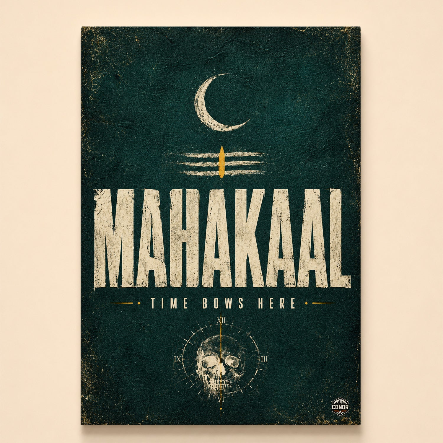 Mahakaal typography with crescent moon and a skull-centered clock face – Time Bows Here