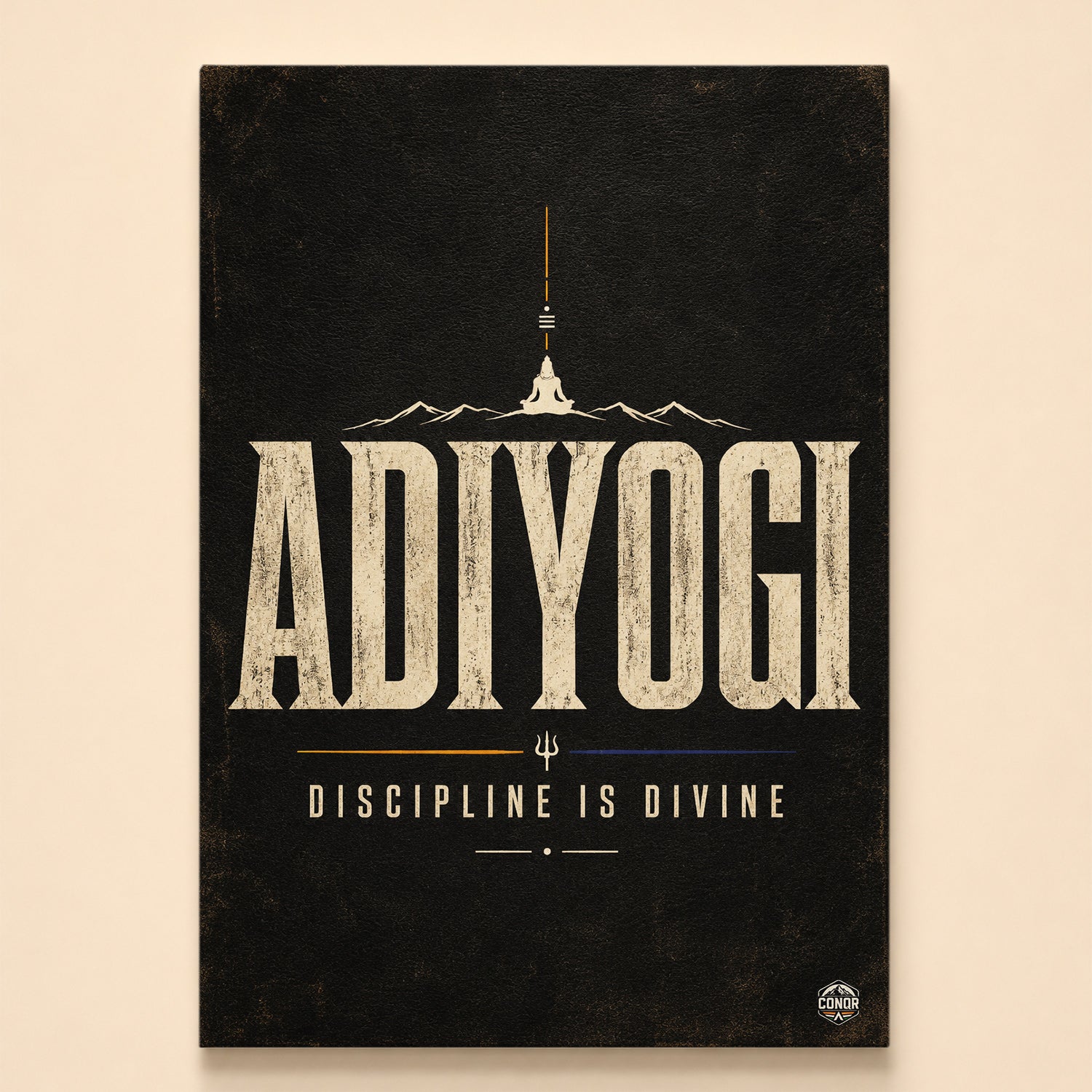 Adiyogi typography with a meditating silhouette on a mountain ridge – Discipline Is Divine