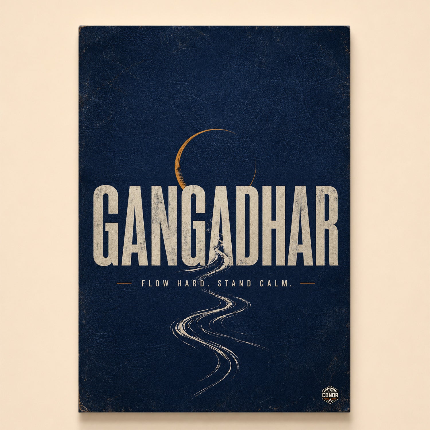 Gangadhar typography with a golden crescent and a white river flowing through the letters on navy