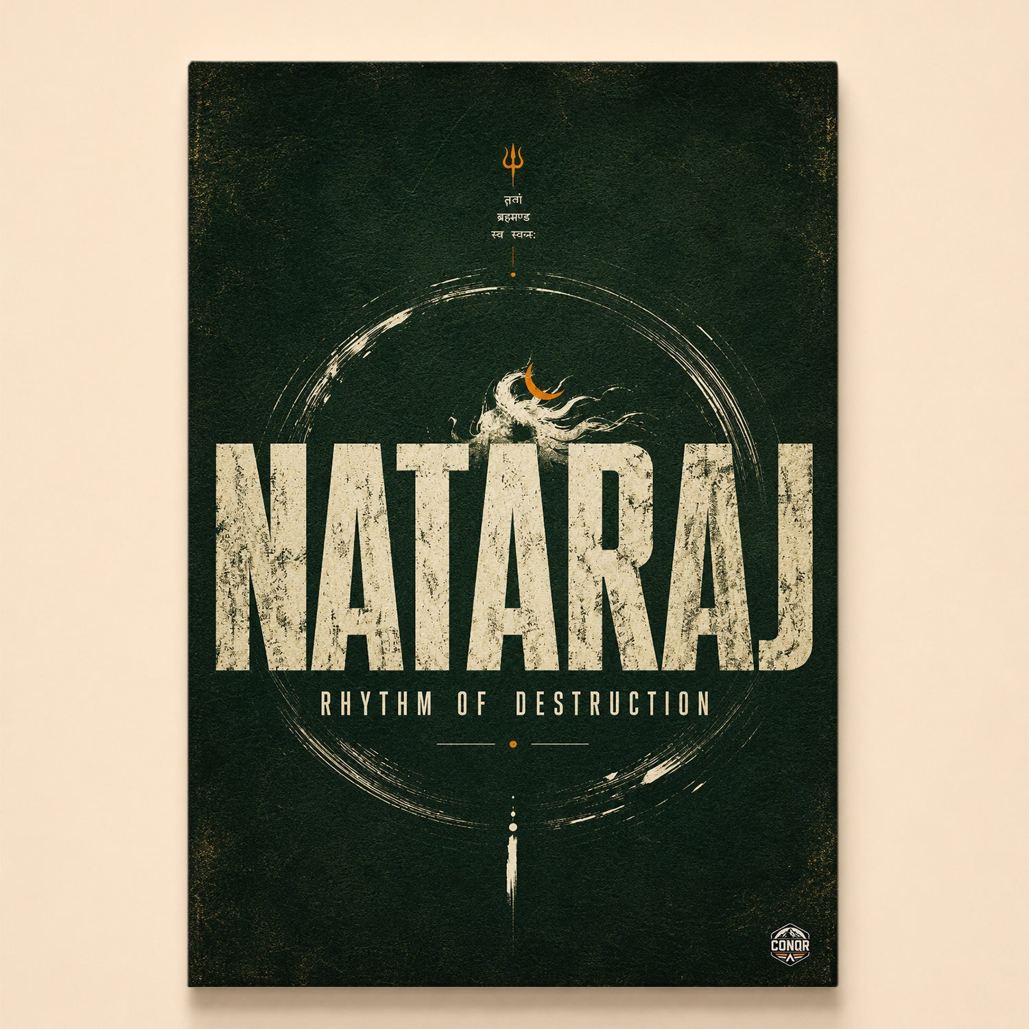 Shiva silhouette with crescent moon inside a circular brushstroke on dark green – Nataraj, Rhythm of Destruction