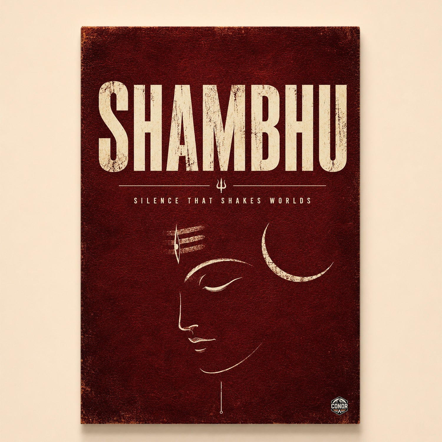 Minimalist line drawing of Shiva's face in profile with crescent moon on crimson – Shambhu, Silence That Shakes Worlds