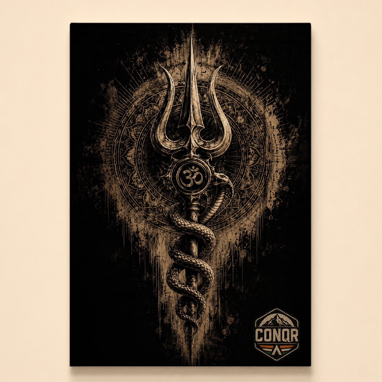 Trishul wrapped by a cobra with an Om at its center against a mandala on black
