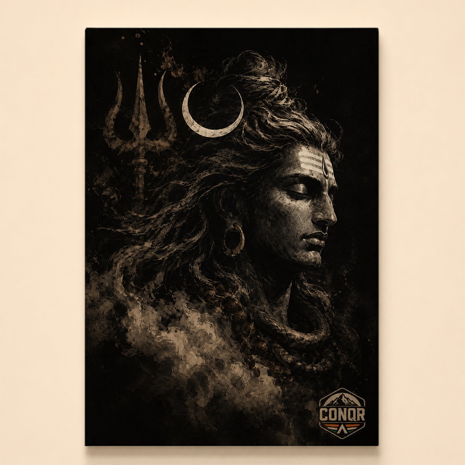 Smoky sepia profile of Mahadev in meditation with crescent moon and trishul behind