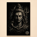 Monochrome Mahadev meditating with cobra and trishul in painterly splatter style