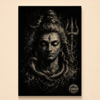 Monochrome Mahadev meditating with cobra and trishul in painterly splatter style