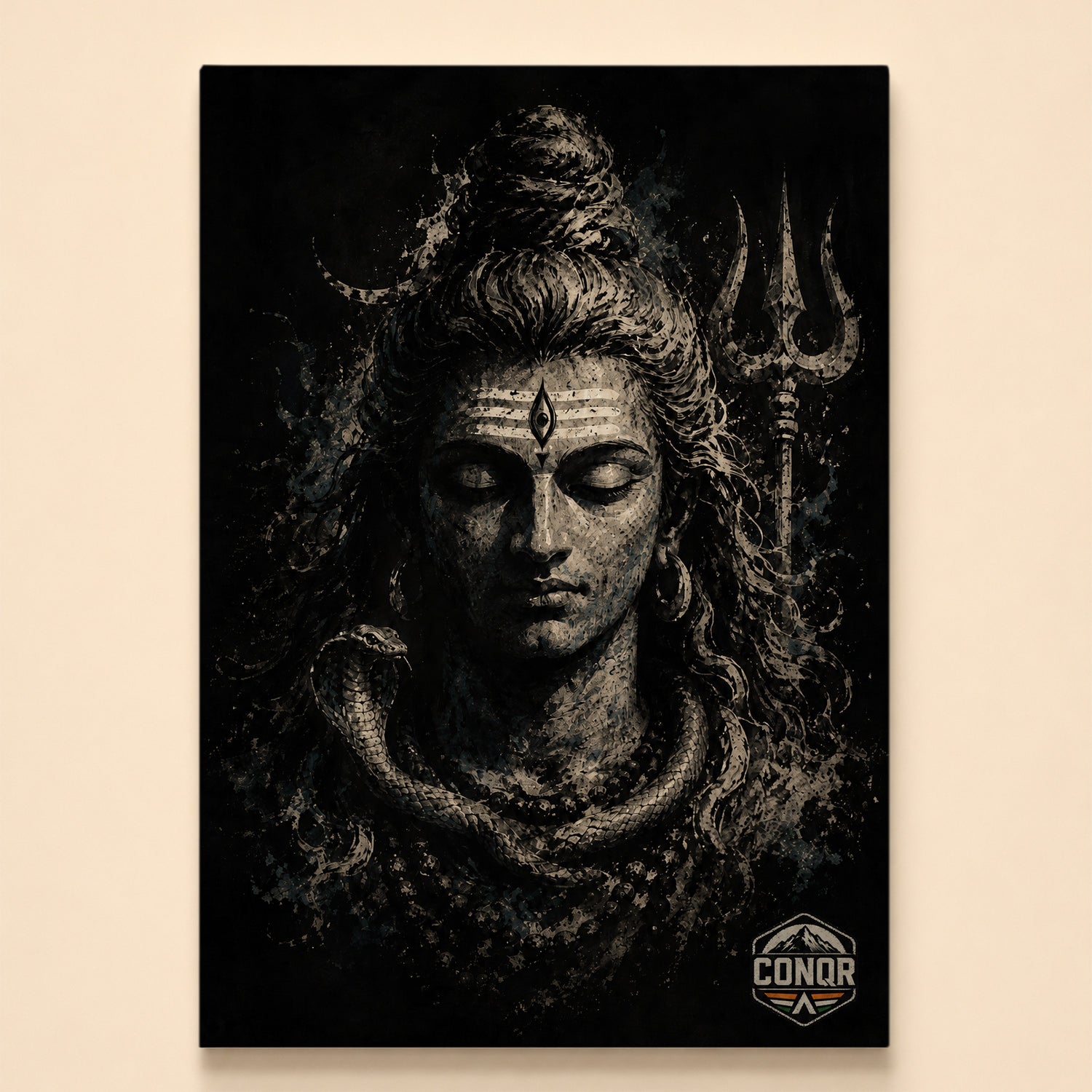 Monochrome Mahadev meditating with cobra and trishul in painterly splatter style