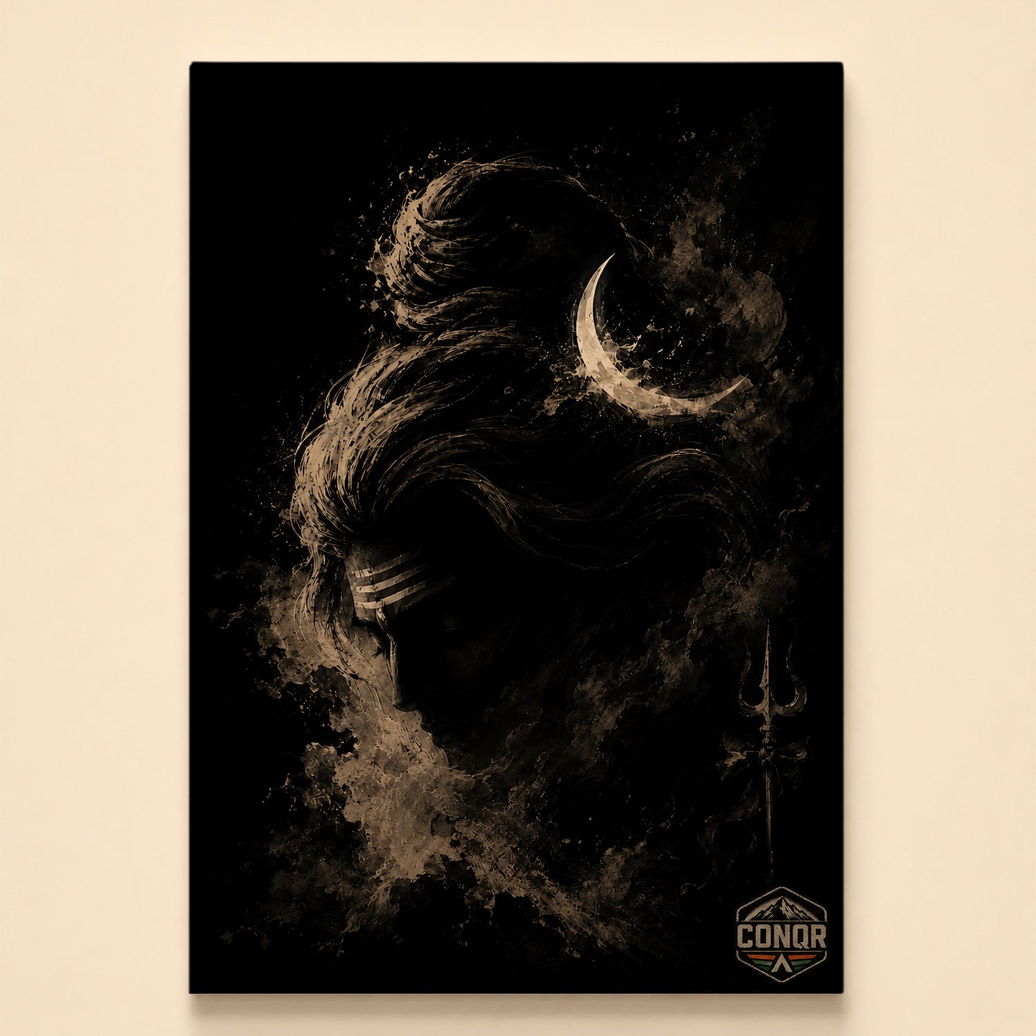 Black-on-black silhouette of Shiva with crescent moon, tripundra and trishul in smoky sepia