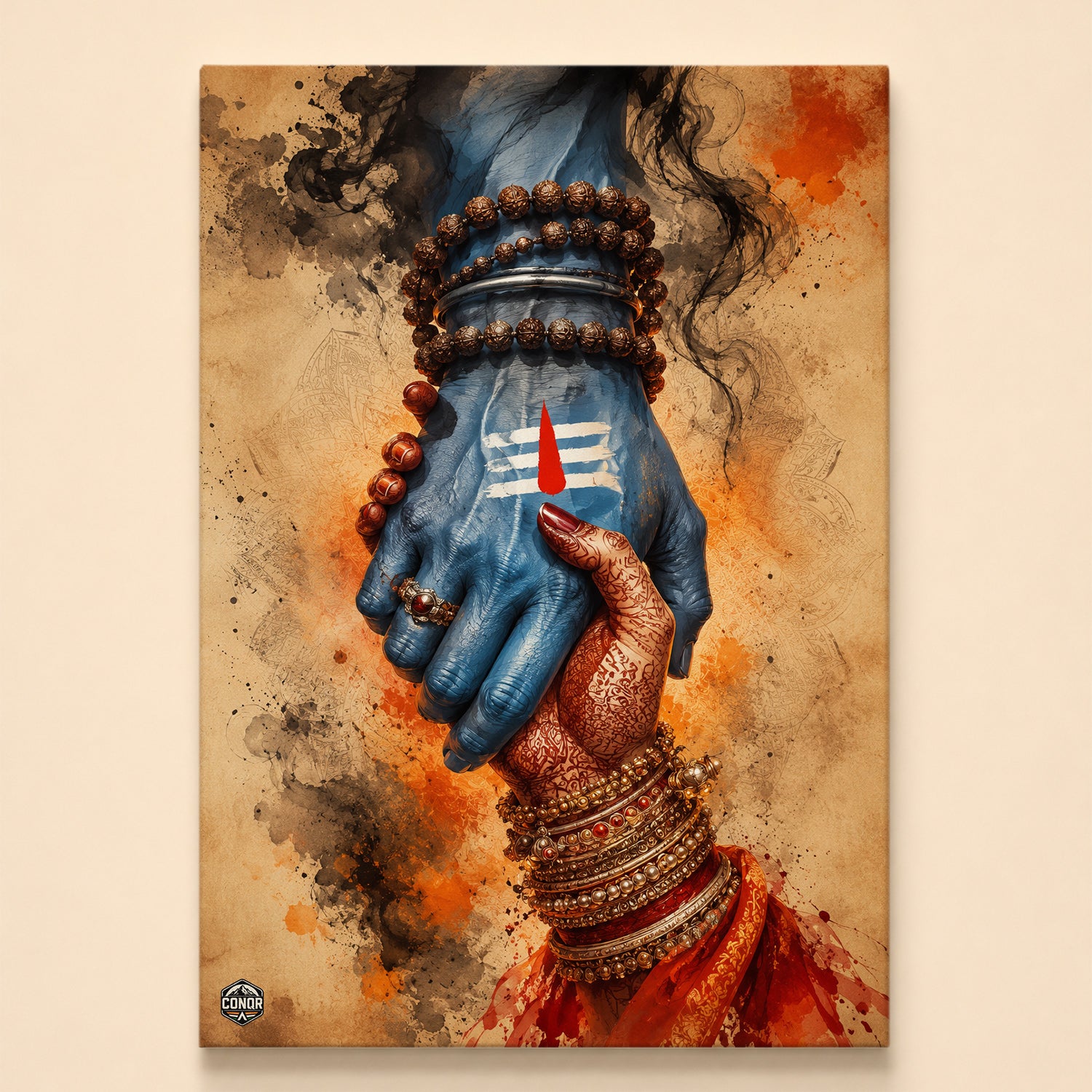Blue hand of Shiva clasped with a henna-decorated hand of Shakti over a faint yantra sketch