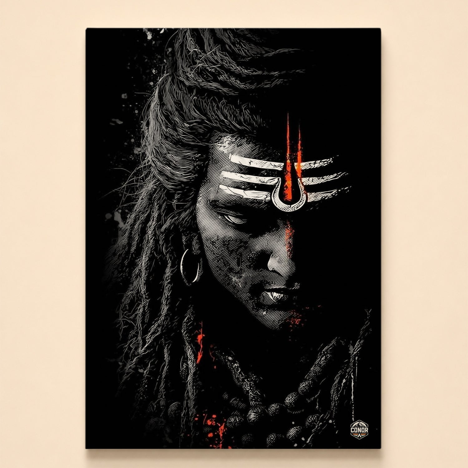 Dark portrait of Mahadev with bowed head, jata and red trishul mark in ink-splatter style
