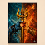 Blue and adorned hands of Shiva and Shakti gripping one golden trishul between lightning and flame