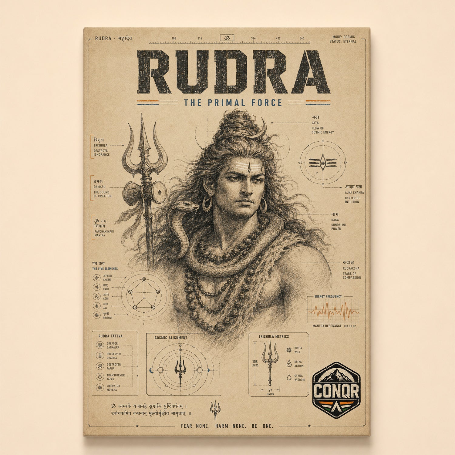 Vintage sketch study of Rudra holding a trishul with rudra tattva and five element callouts