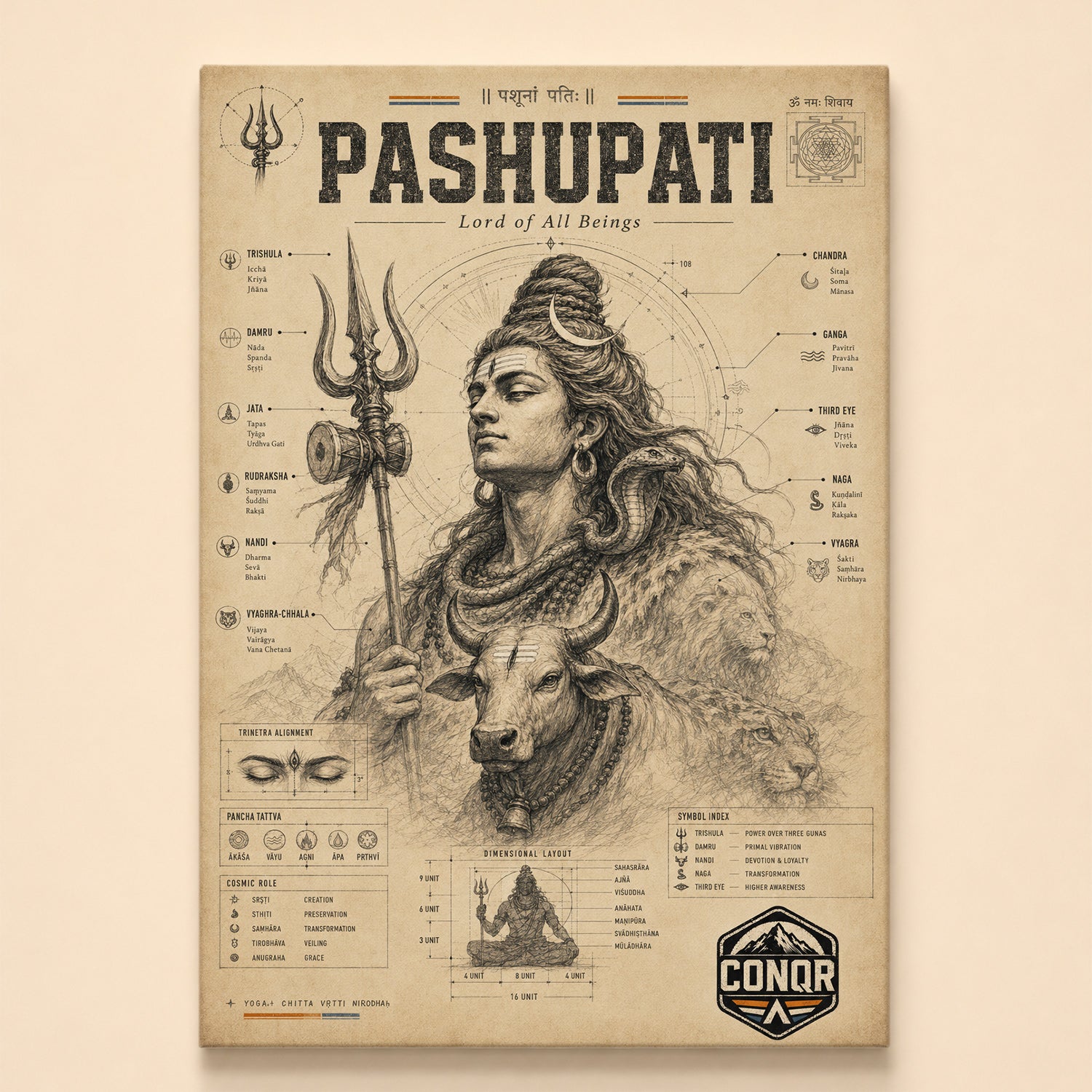 Sepia study of Pashupati with Nandi and a tiger, labeled attributes and symbol index