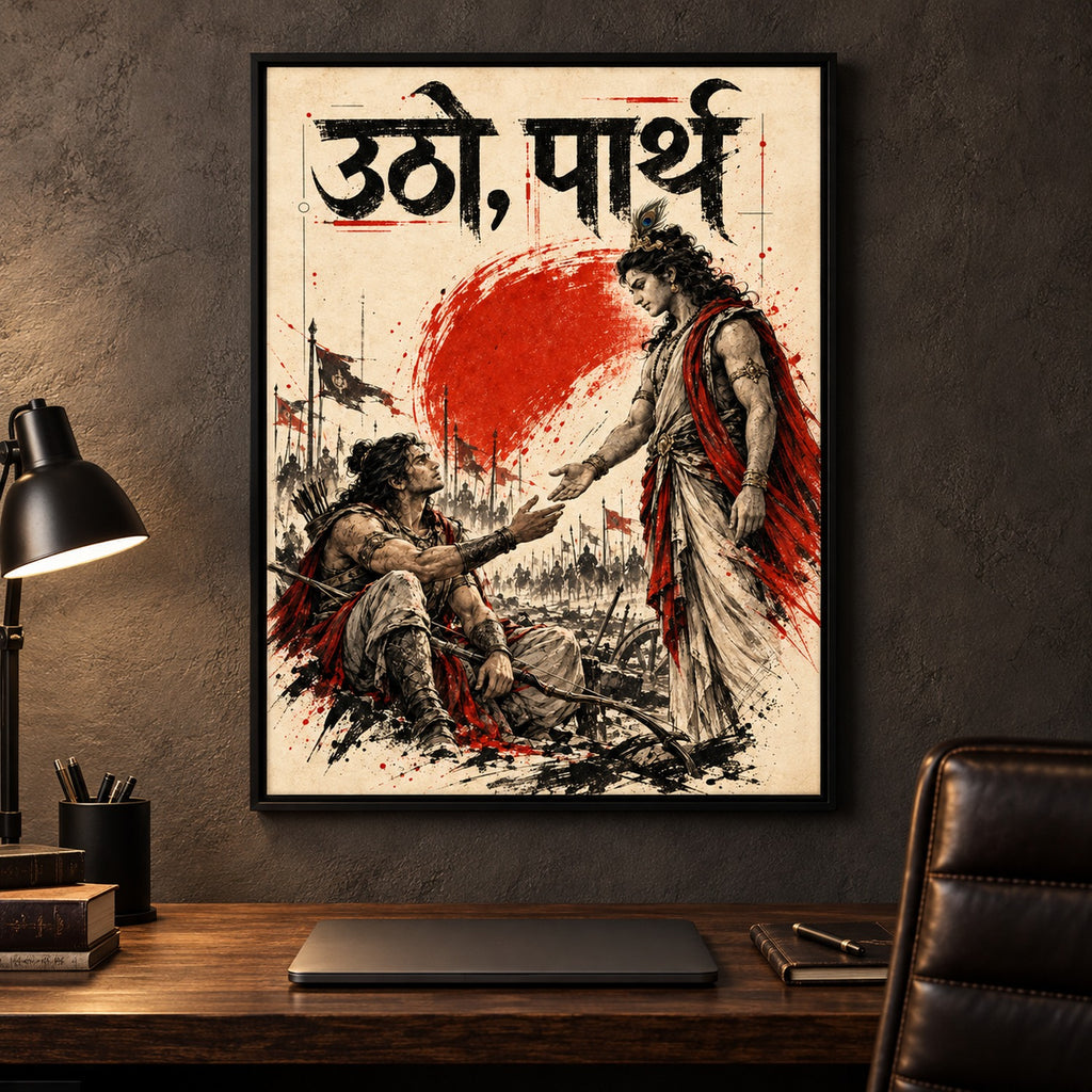18x24 black boxed Utho Parth art above a wooden office desk