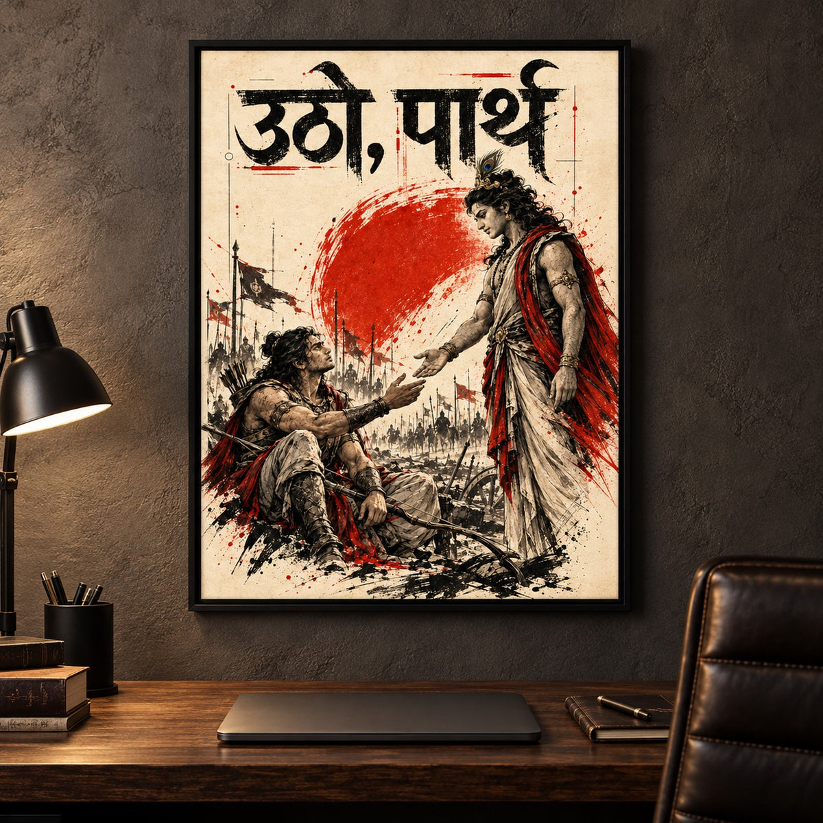 18x24 black boxed Utho Parth art above a wooden office desk