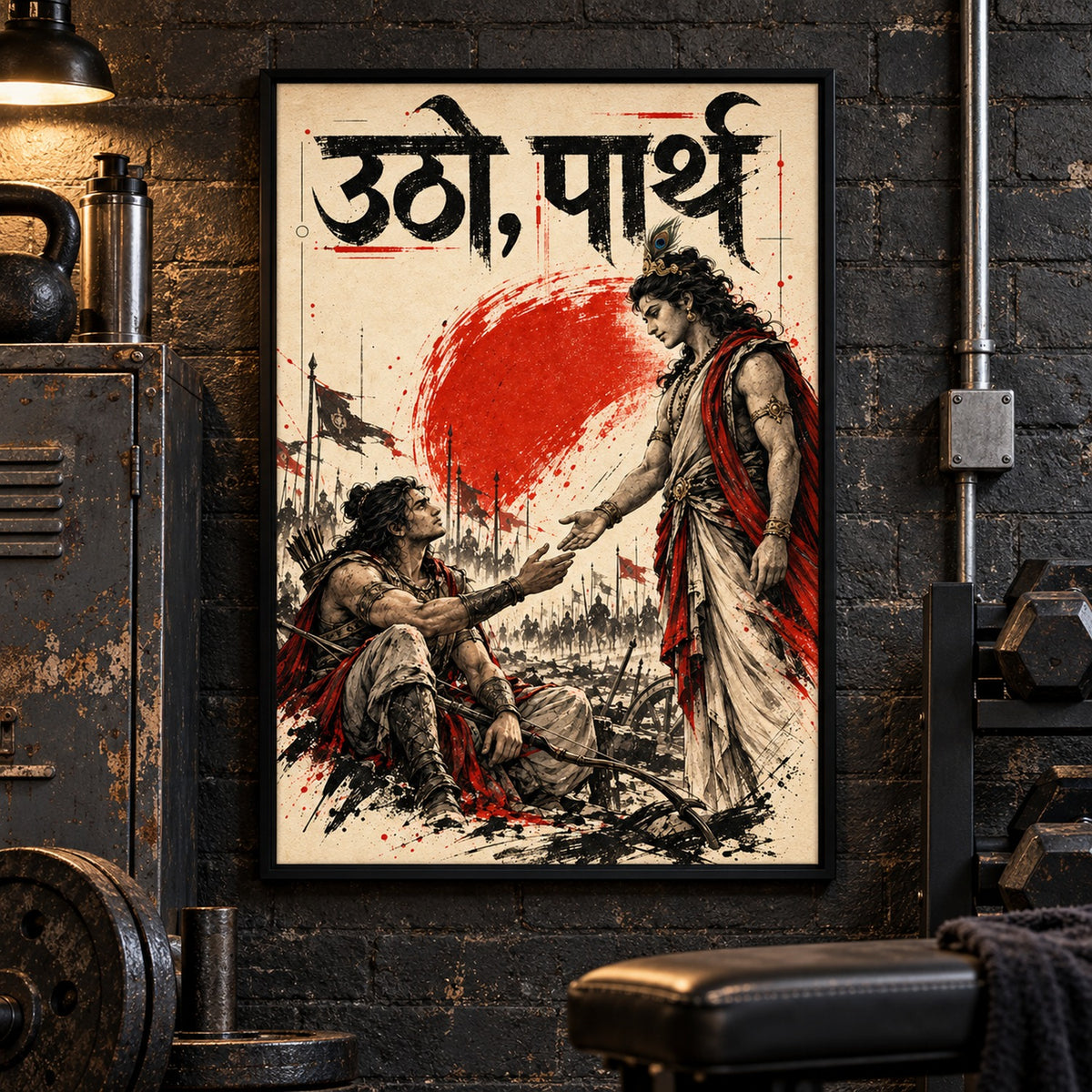 20x30 black boxed Utho Parth art on a home-gym wall with kettlebells