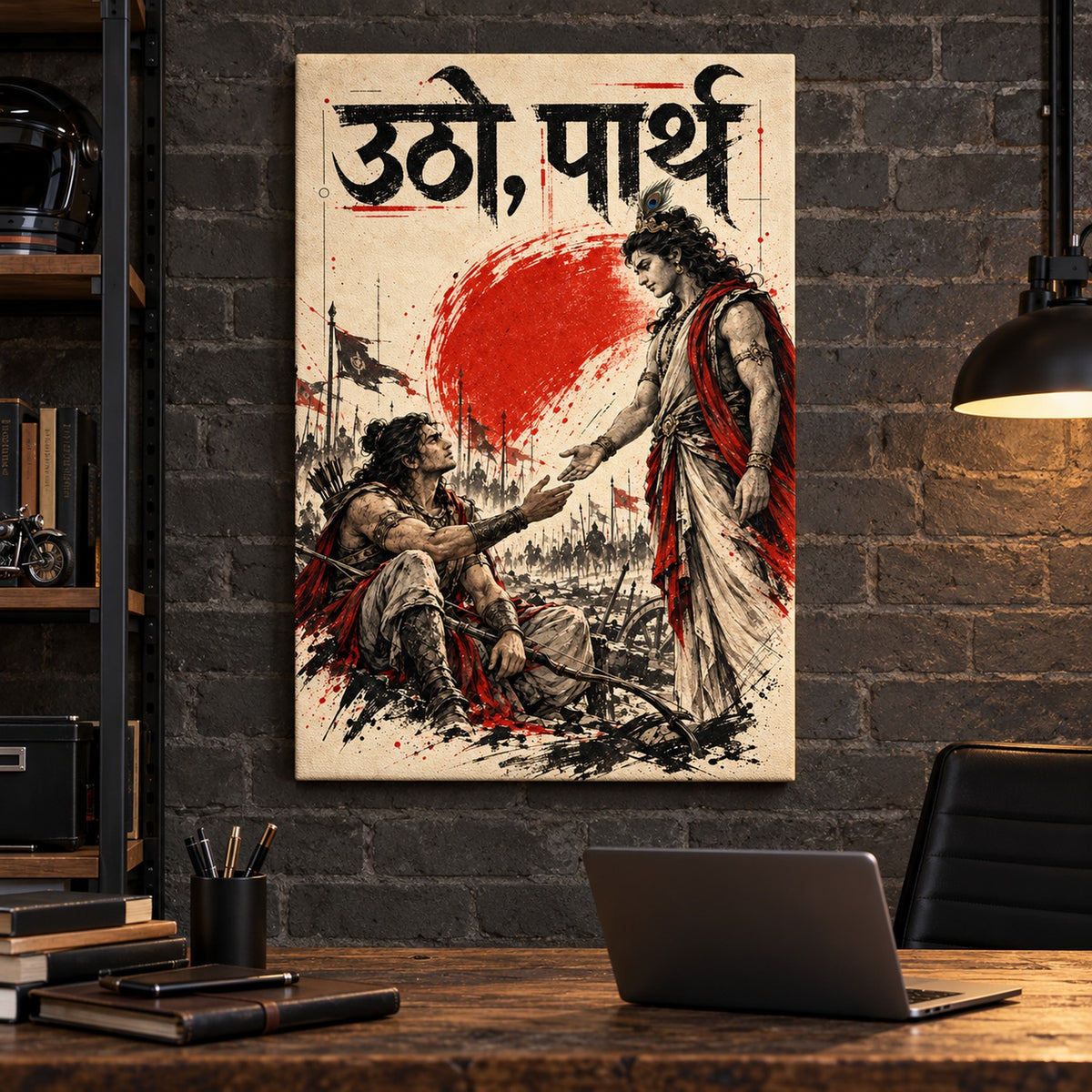 20x30 gallery wrap Utho Parth canvas in a study with laptop and lamp
