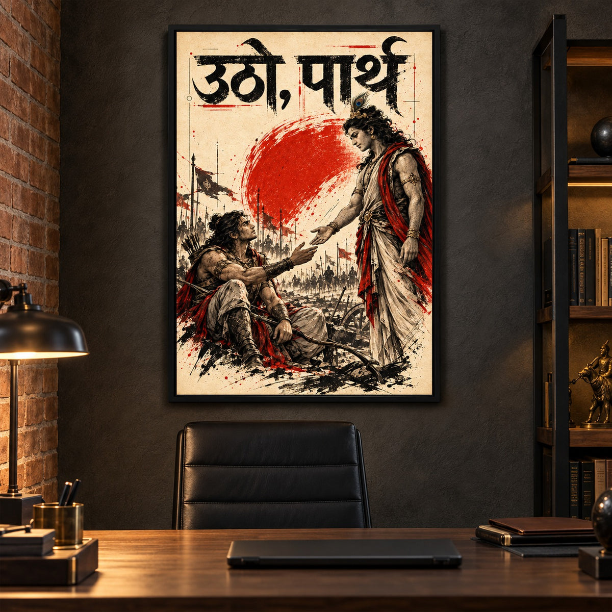 24x36 black boxed Utho Parth wall art in a dark office above a desk