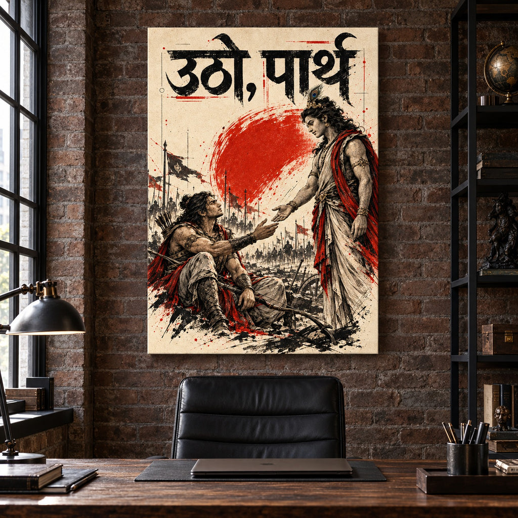 36x48 gallery wrap Utho Parth canvas on a brick office wall with leather chair