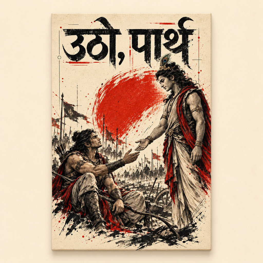 Utho Parth gallery-wrapped canvas: Krishna reaching out to lift a fallen Arjuna under a red sun, beige wall