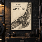 Win Alone charcoal-style owl canvas wall art, 18x24 inches, Black Box Frame, basement gym.