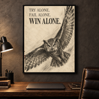 Win Alone charcoal-style owl canvas wall art, 18x24 inches, Black Box Frame, office.