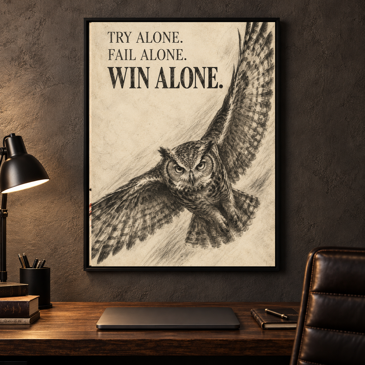 Win Alone charcoal-style owl canvas wall art, 18x24 inches, Black Box Frame, office.