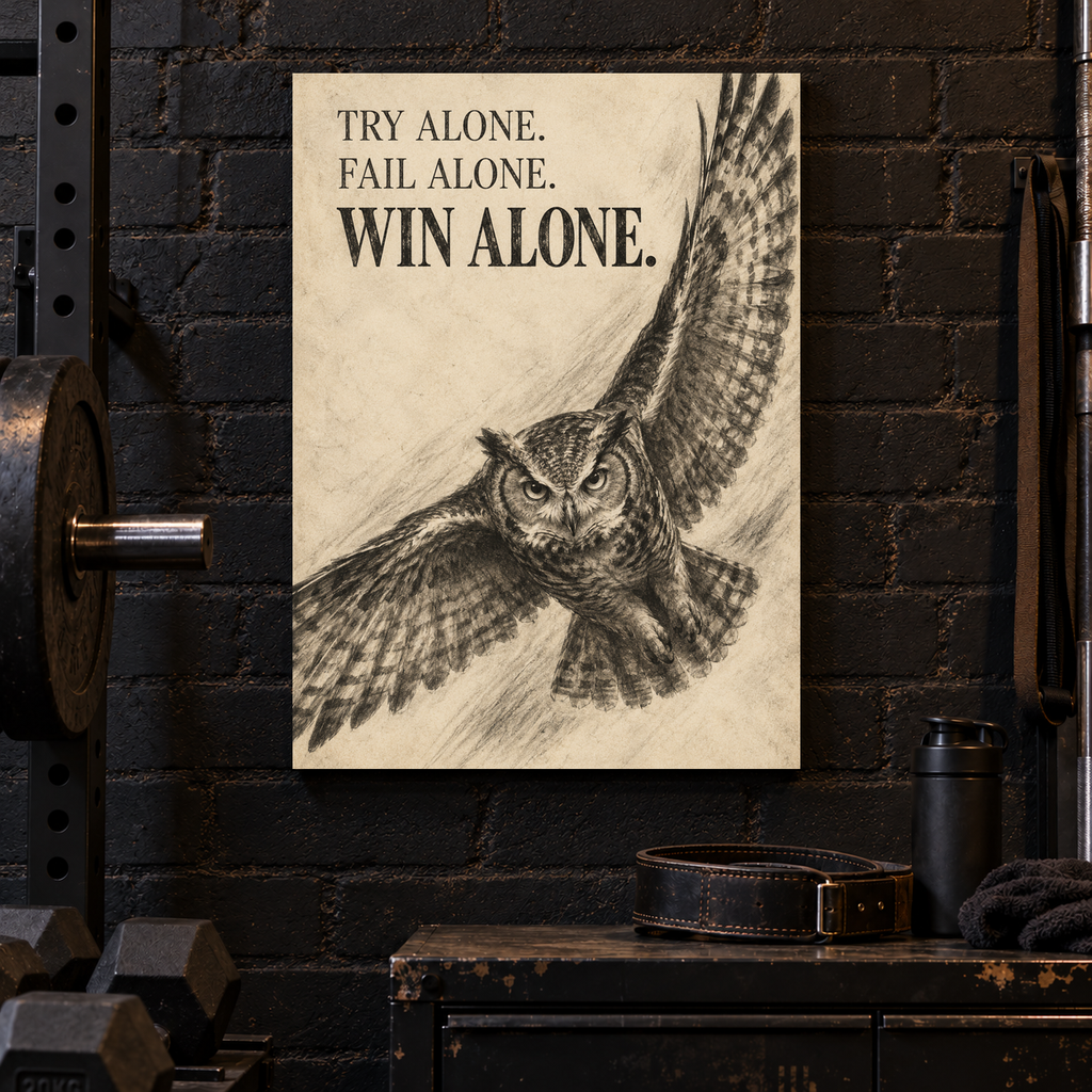 Win Alone charcoal-style owl canvas wall art, 18x24 inches, Gallery Wrap, basement gym.