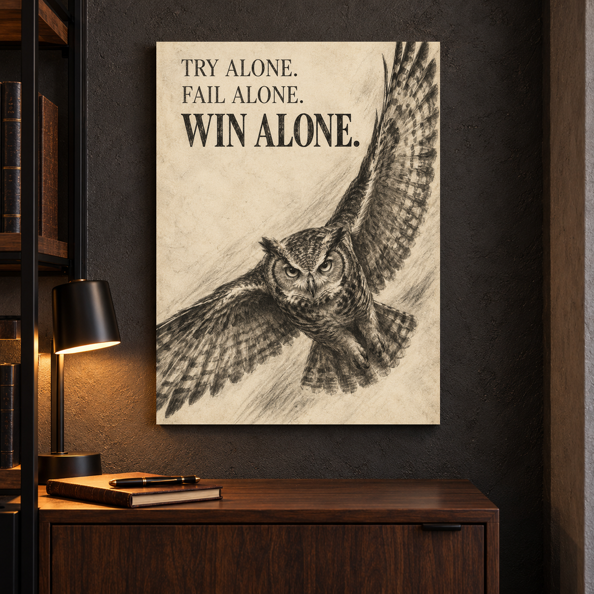 Win Alone charcoal-style owl canvas wall art, 18x24 inches, Gallery Wrap, office.