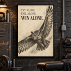Win Alone charcoal-style owl canvas wall art, 20x30 inches, Black Box Frame, basement gym.