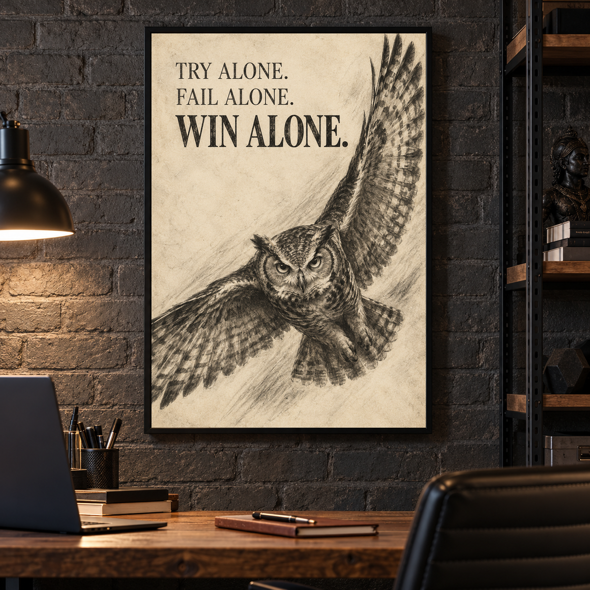 Win Alone charcoal-style owl canvas wall art, 20x30 inches, Black Box Frame, office.