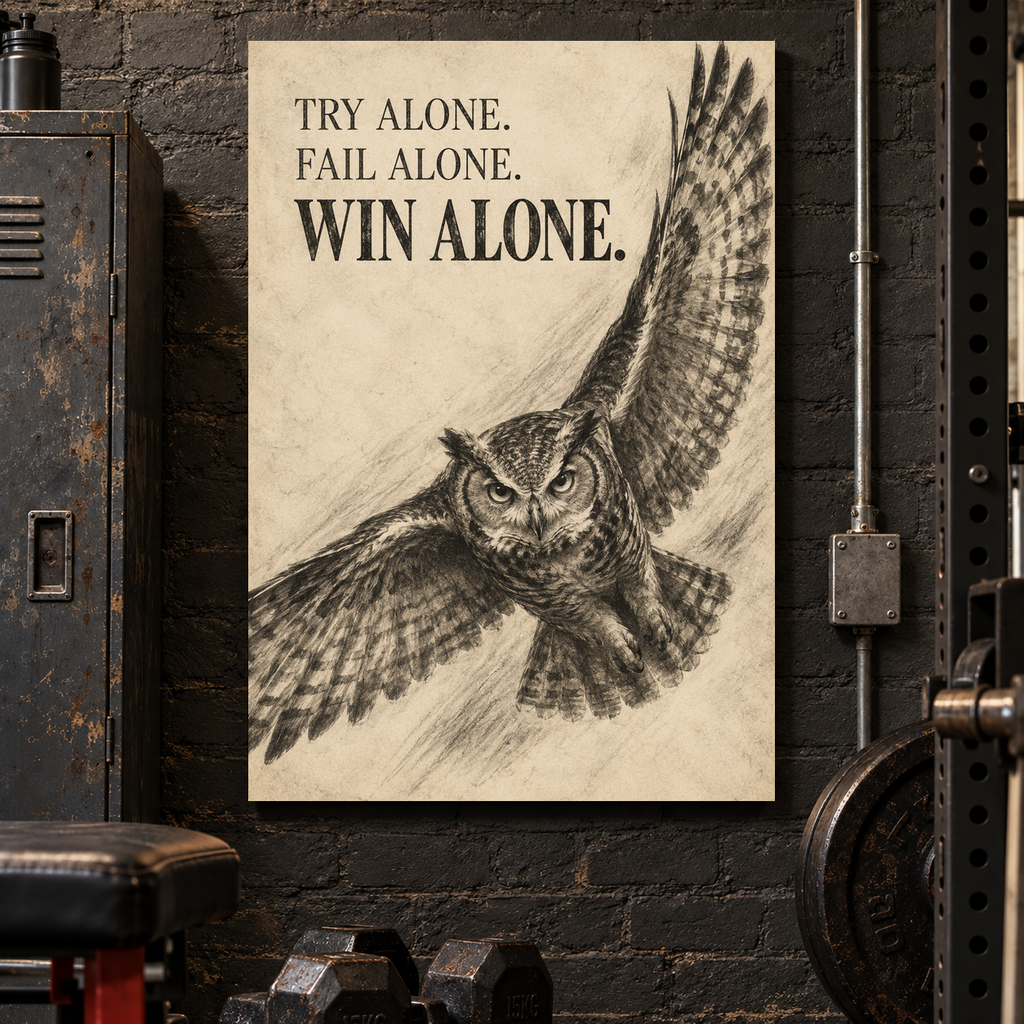 Win Alone charcoal-style owl canvas wall art, 20x30 inches, Gallery Wrap, basement gym.