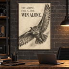 Win Alone charcoal-style owl canvas wall art, 20x30 inches, Gallery Wrap, office.