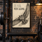 Win Alone charcoal-style owl canvas wall art, 24x36 inches, Black Box Frame, basement gym.