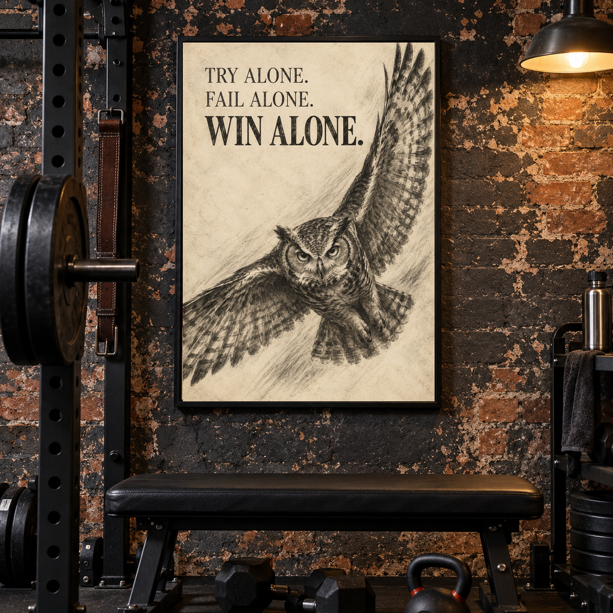 Win Alone charcoal-style owl canvas wall art, 24x36 inches, Black Box Frame, basement gym.