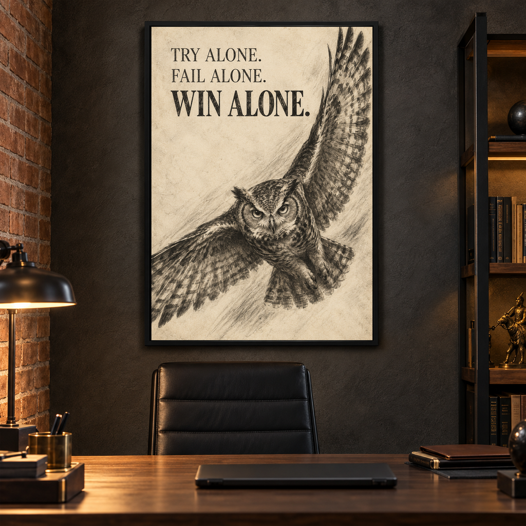 Win Alone charcoal-style owl canvas wall art, 24x36 inches, Black Box Frame, office.