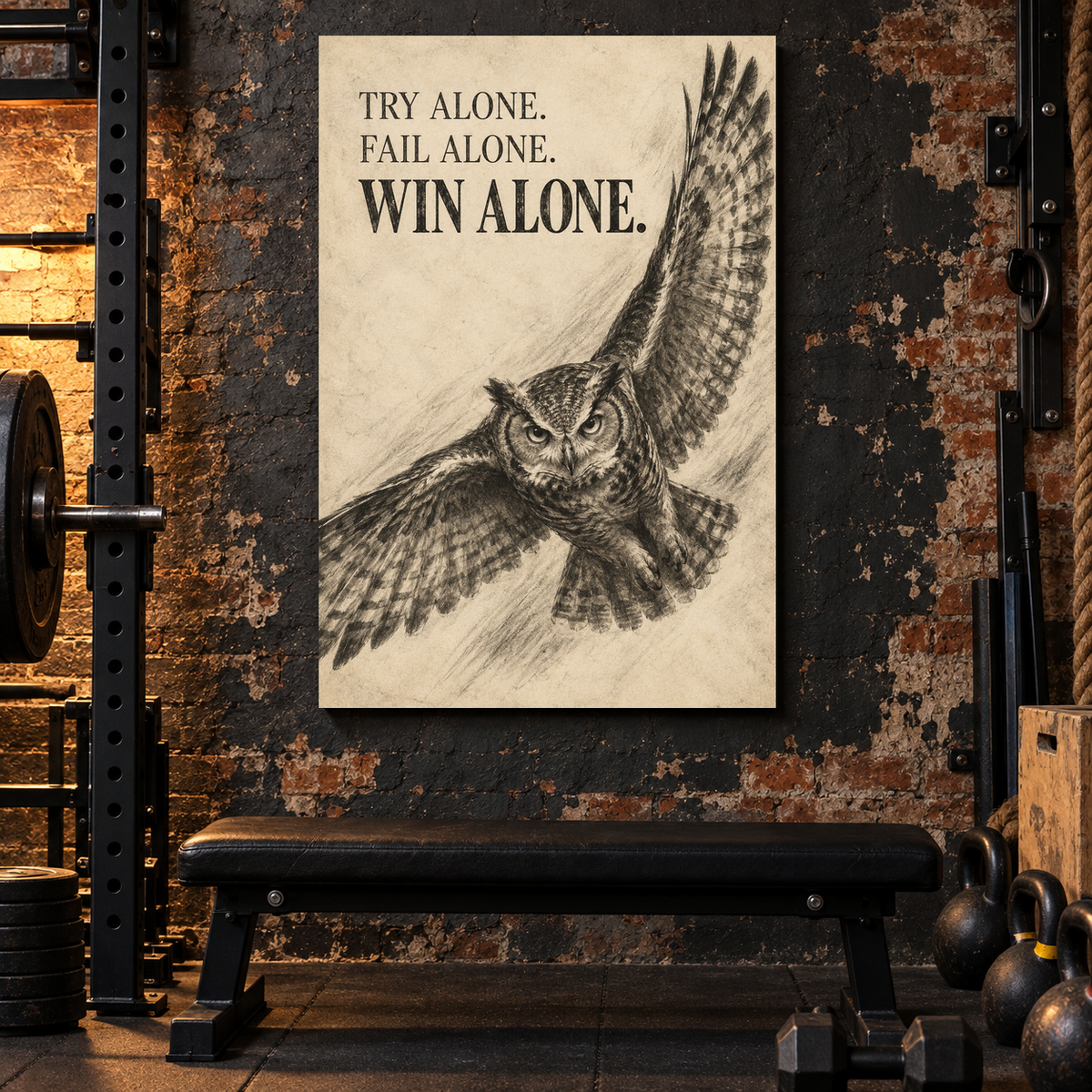 Win Alone charcoal-style owl canvas wall art, 24x36 inches, Gallery Wrap, basement gym.