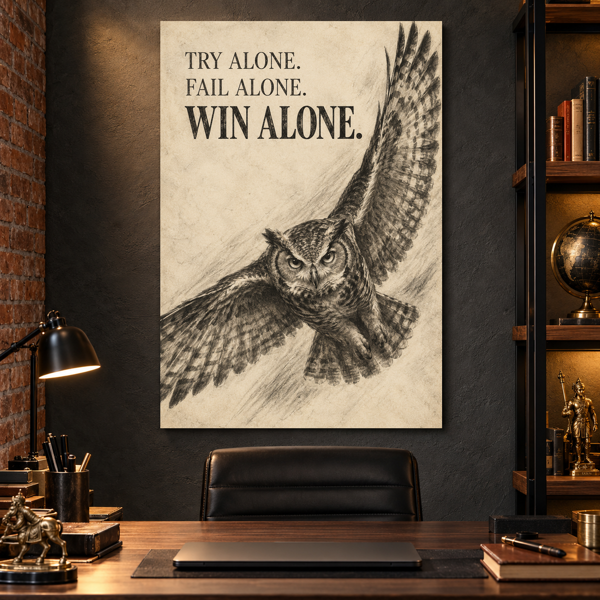 Win Alone charcoal-style owl canvas wall art, 24x36 inches, Gallery Wrap, office.