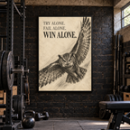 Win Alone charcoal-style owl canvas wall art, 36x48 inches, Black Box Frame, basement gym.