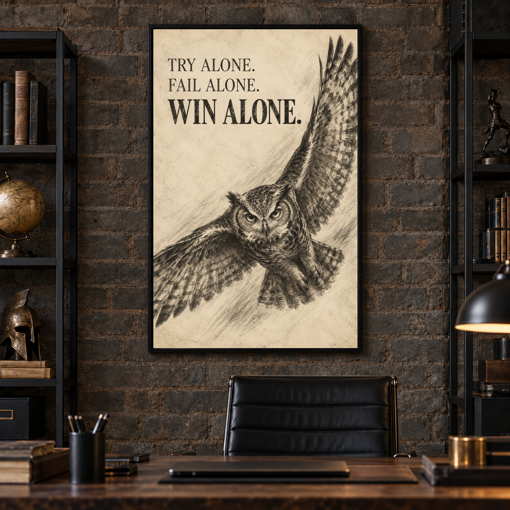 Win Alone charcoal-style owl canvas wall art, 36x48 inches, Black Box Frame, office.