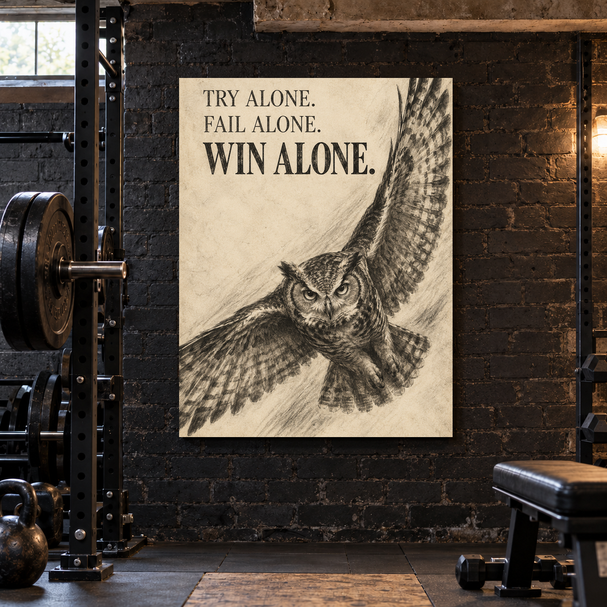Win Alone charcoal-style owl canvas wall art, 36x48 inches, Gallery Wrap, basement gym.